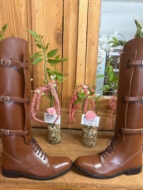 Tall military 3 buckle Lace field Boots British tan cavalry Aggies police riding